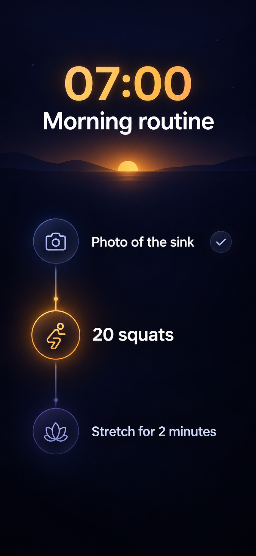 Illustrated morning routine with photo, movement, and timed steps.
